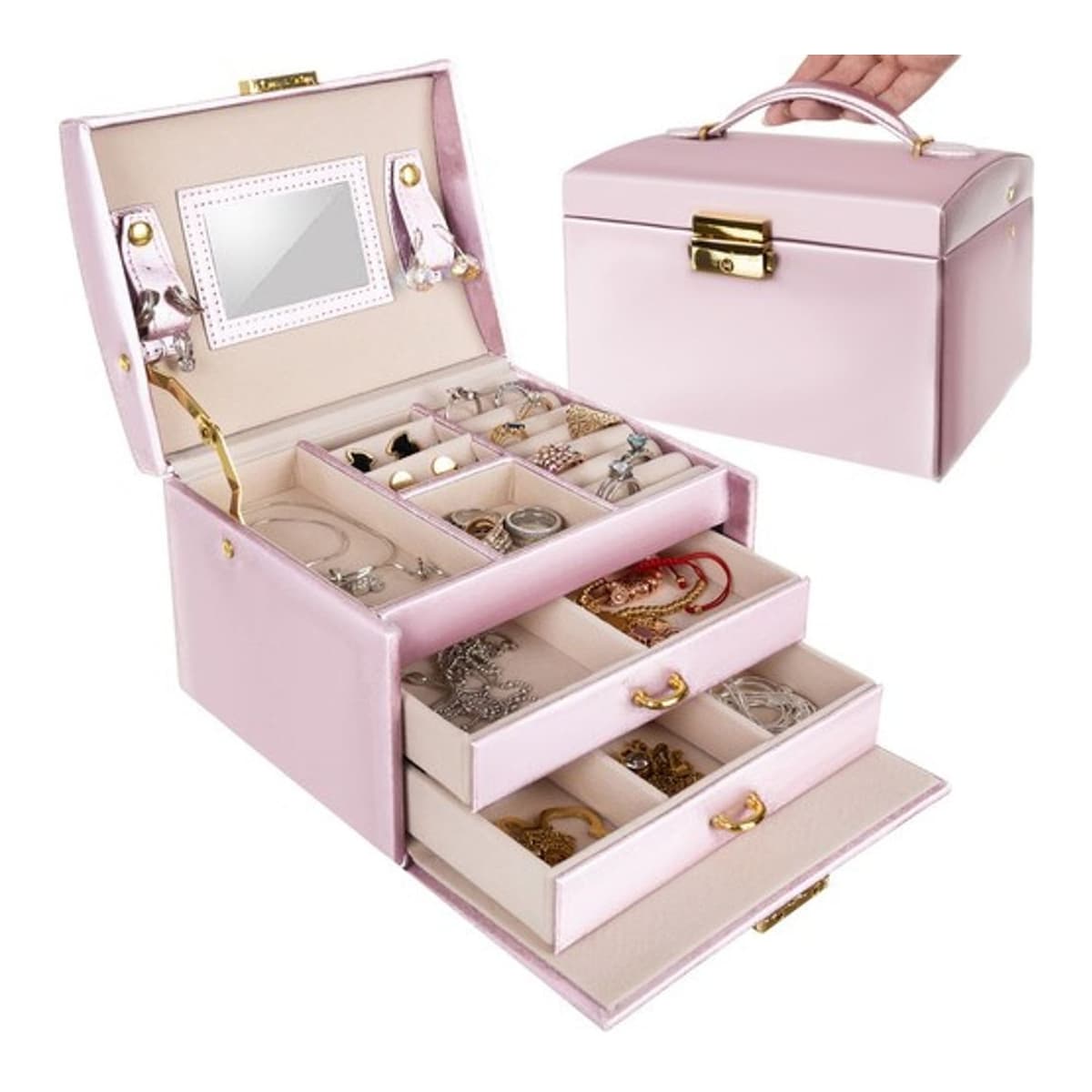 Smyckeslåda med lås, 20 fack, rosa satin