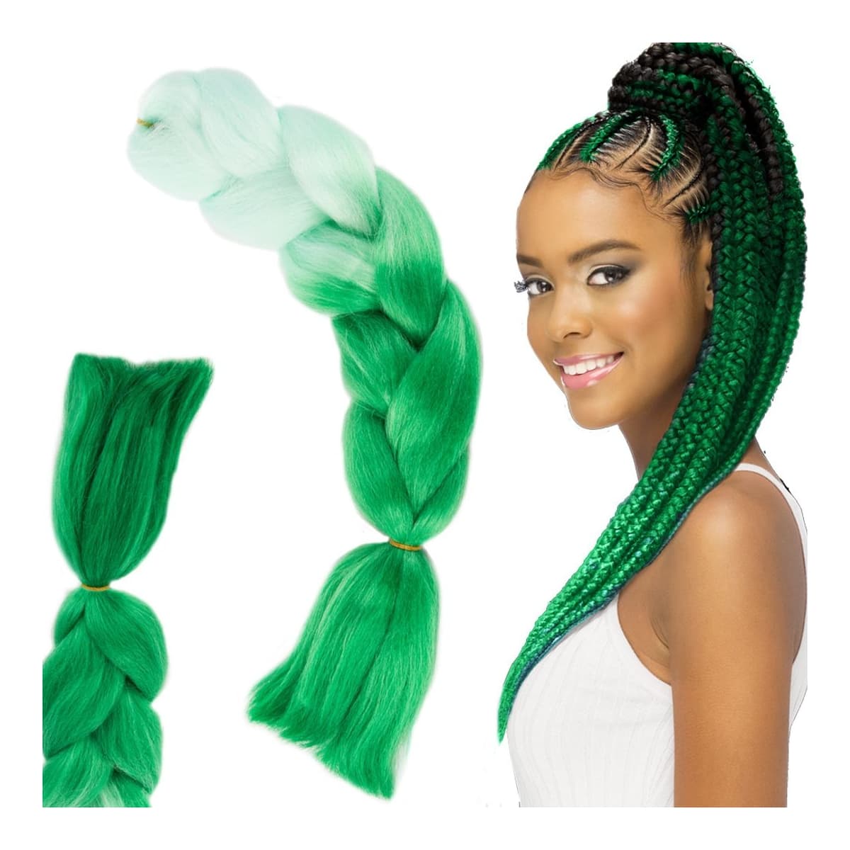 Syntetisk hårfläta, grön ombre, 60 cm