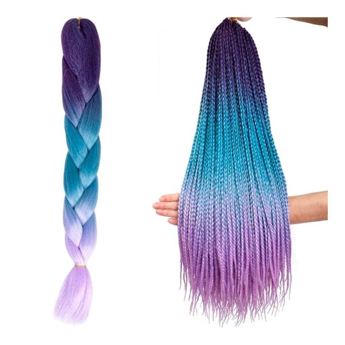 Syntetiska hårflätor ombre blå/lila, 60 cm