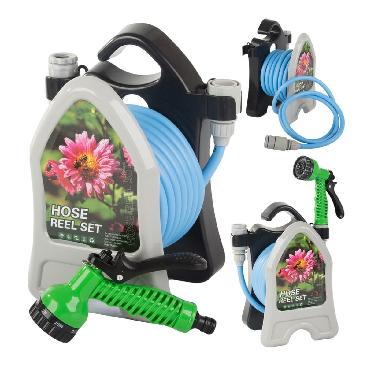 Trädgårdsslang med ställning och spraygun, 10 m