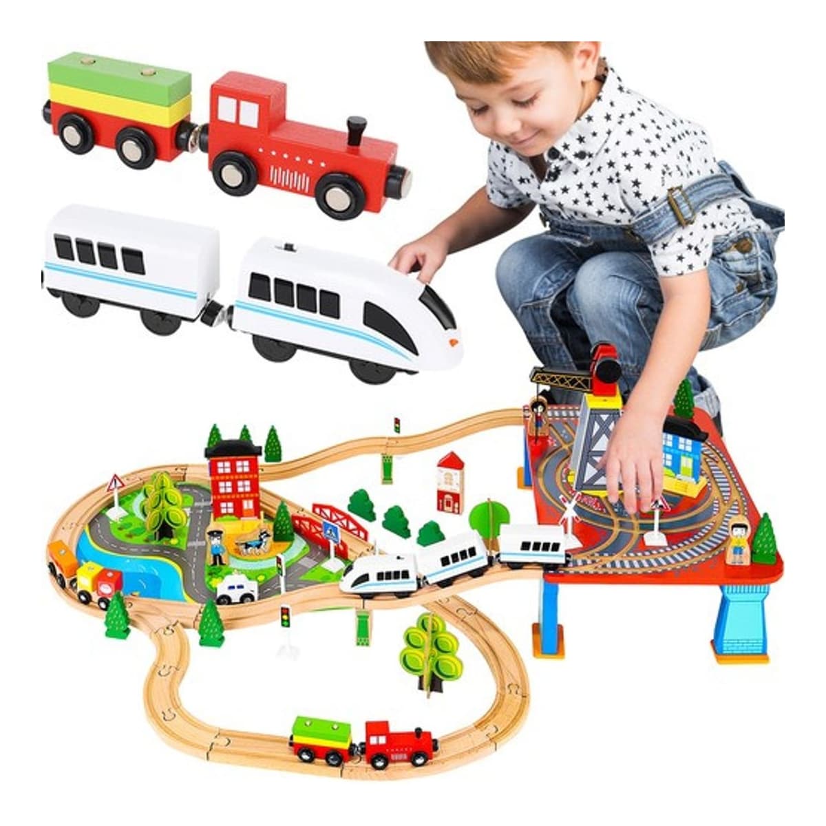 Trätåg med batteri, 88 delar, 3,3 m räls