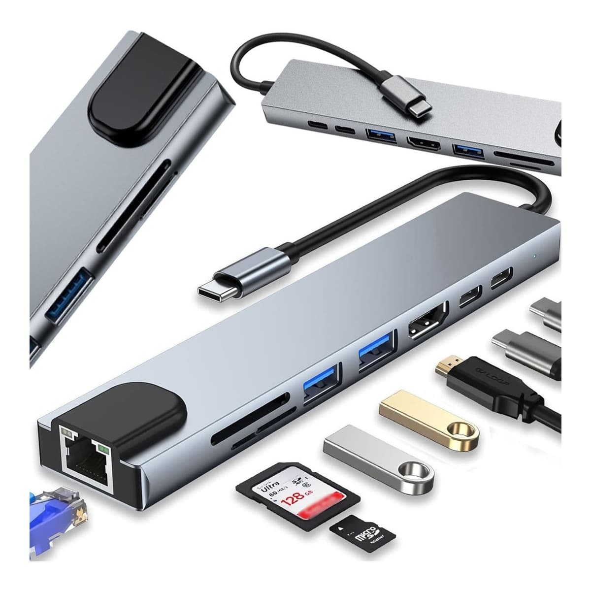 USB-C hub, 8-i-1, HDMI 4K, Thunderbolt 3