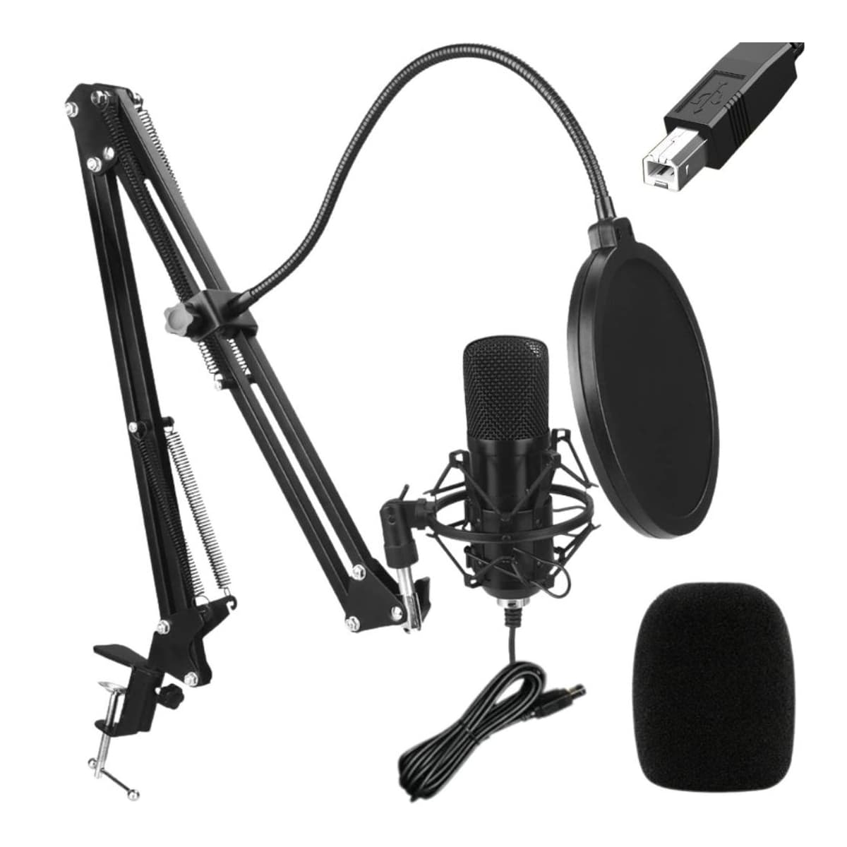 USB kondensatormikrofon med stativ och popfilter