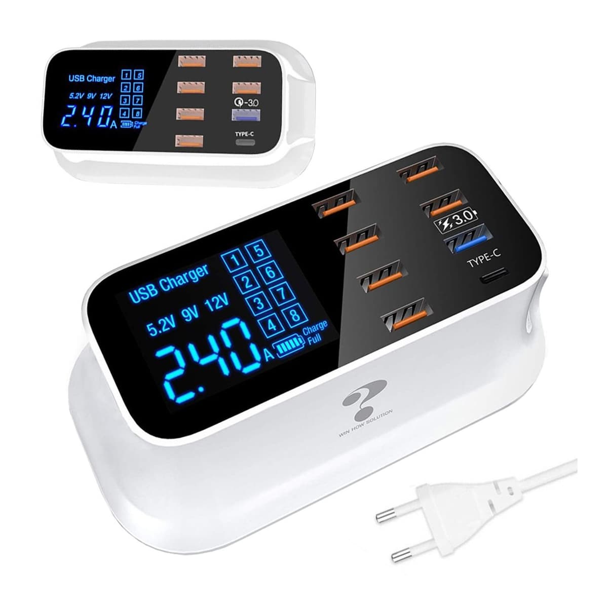 USB-laddare, 8 portar, LCD-display, 40W