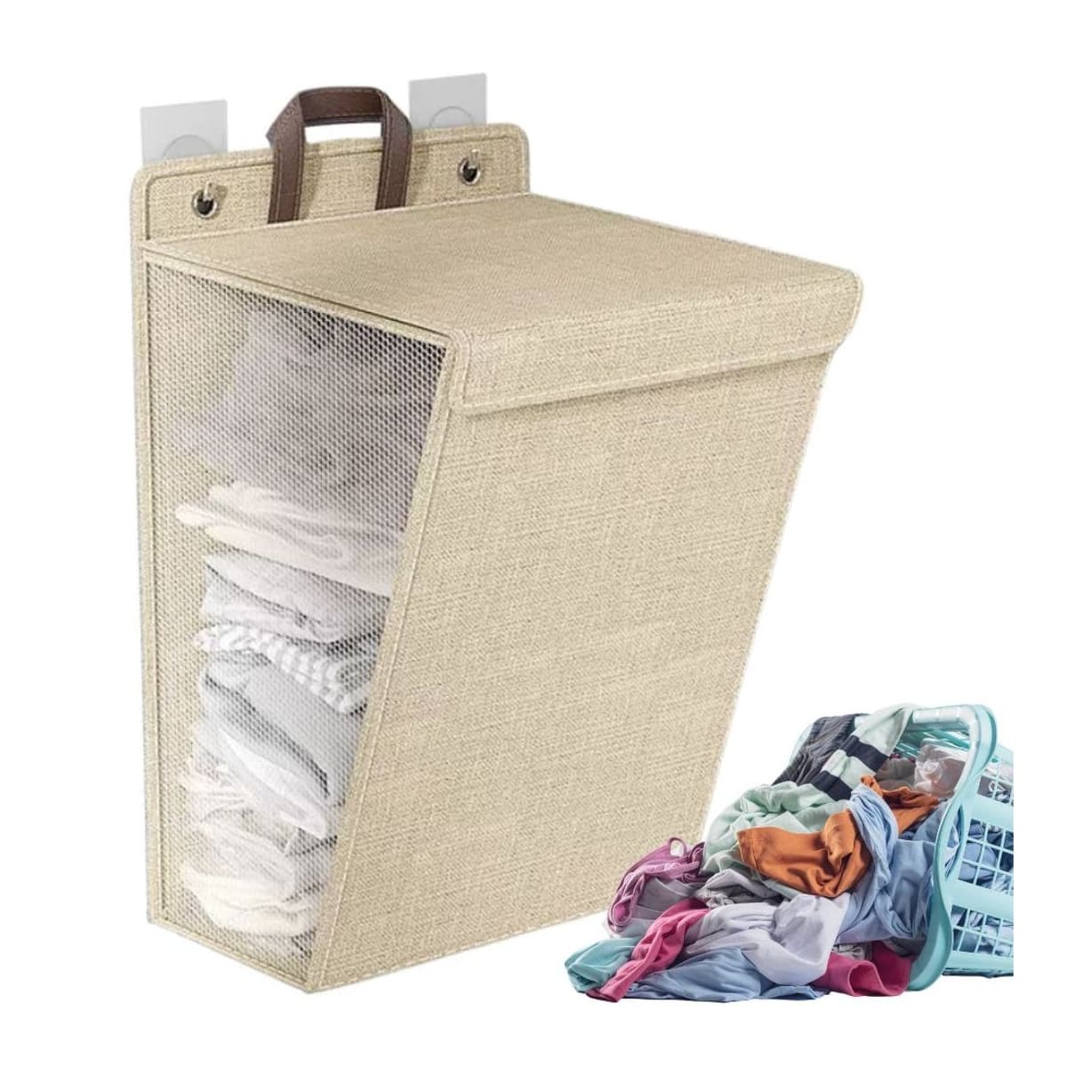 Vikbar tvättkorg för vägg, 57x40x15 cm, beige